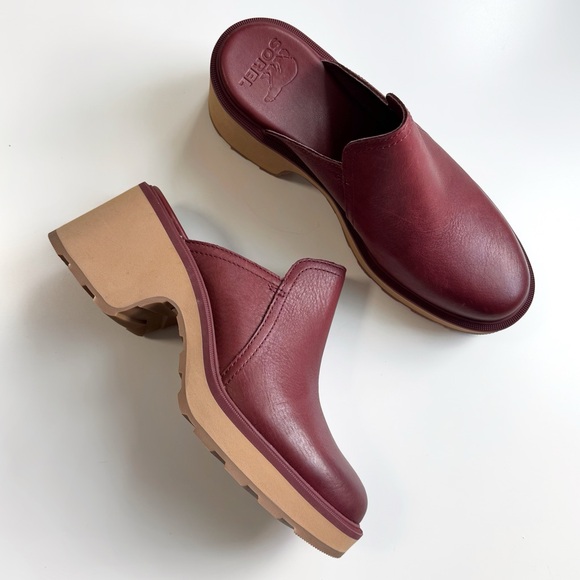 Sorel Shoes - NEW Sorel Hi-Line Heel Mule in Spice Tawny Buff Leather Burgundy Chilly Flake